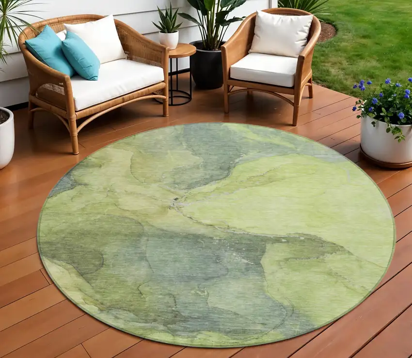 8' Green And Gray Round Abstract Washable Indoor Outdoor Area Rug Photo 2