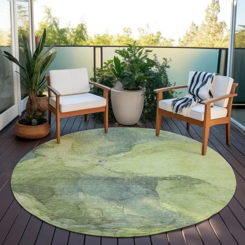 8' Green And Gray Round Abstract Washable Indoor Outdoor Area Rug Photo 6