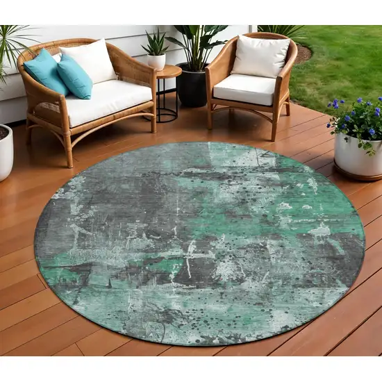 8' Green And Gray Round Abstract Washable Indoor Outdoor Area Rug Photo 2