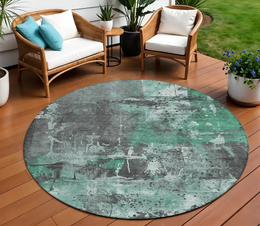 8' Green And Gray Round Abstract Washable Indoor Outdoor Area Rug Photo 2