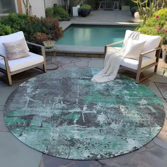 8' Green And Gray Round Abstract Washable Indoor Outdoor Area Rug Photo 6