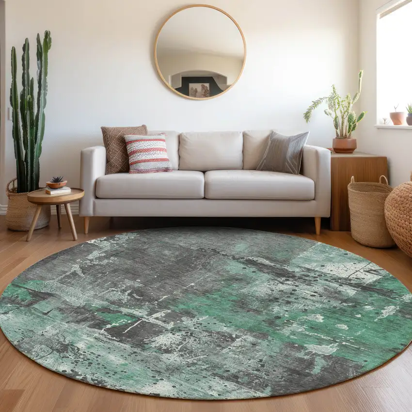 8' Green And Gray Round Abstract Washable Indoor Outdoor Area Rug Photo 7