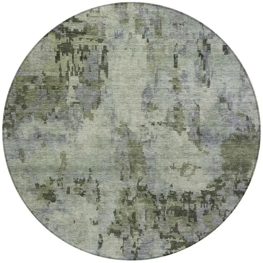8' Green And Gray Round Abstract Washable Indoor Outdoor Area Rug Photo 3