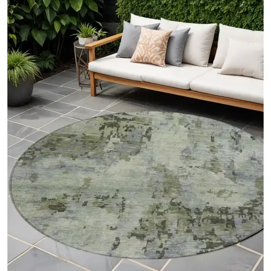 8' Green And Gray Round Abstract Washable Indoor Outdoor Area Rug Photo 1