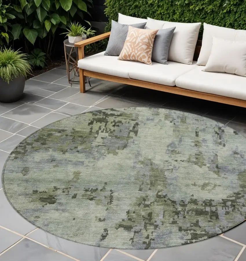 8' Green And Gray Round Abstract Washable Indoor Outdoor Area Rug Photo 1