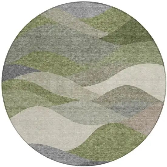 8' Green And Gray Round Abstract Washable Indoor Outdoor Area Rug Photo 3