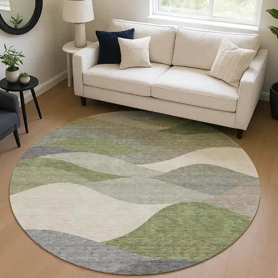 8' Green And Gray Round Abstract Washable Indoor Outdoor Area Rug Photo 5