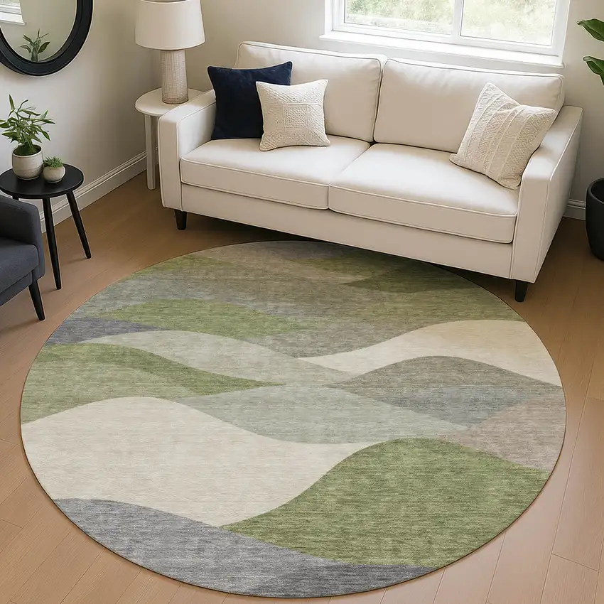 8' Green And Gray Round Abstract Washable Indoor Outdoor Area Rug Photo 5