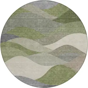 Photo of 8' Green And Gray Round Abstract Washable Indoor Outdoor Area Rug