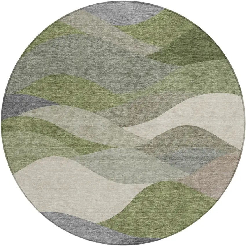 8' Green And Gray Round Abstract Washable Indoor Outdoor Area Rug Photo 1