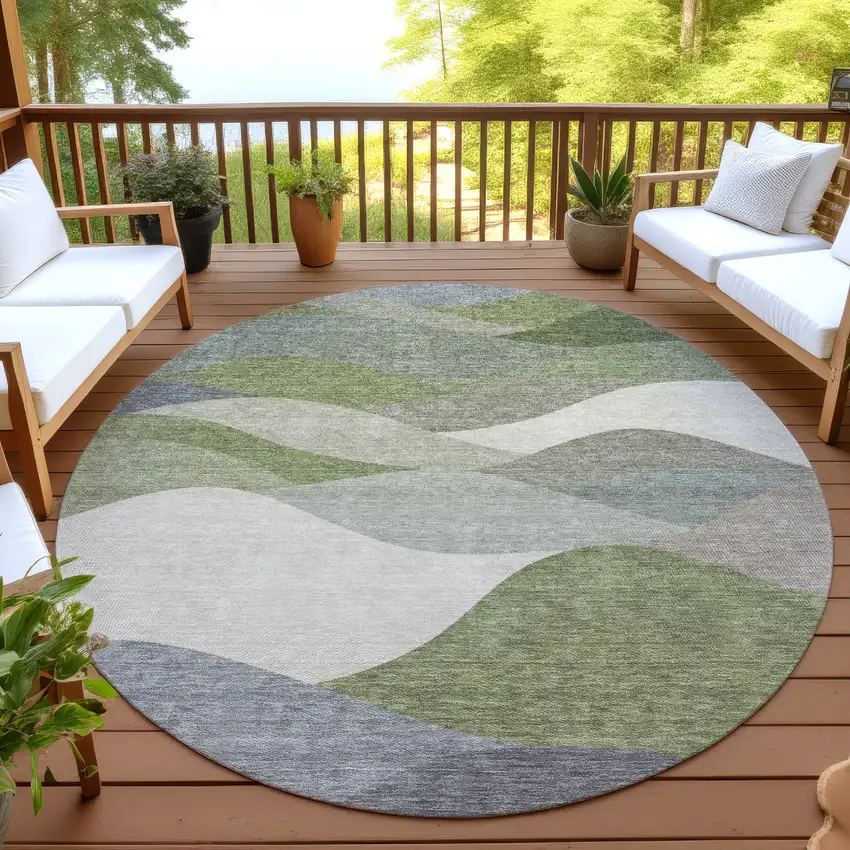 8' Green And Gray Round Abstract Washable Indoor Outdoor Area Rug Photo 4
