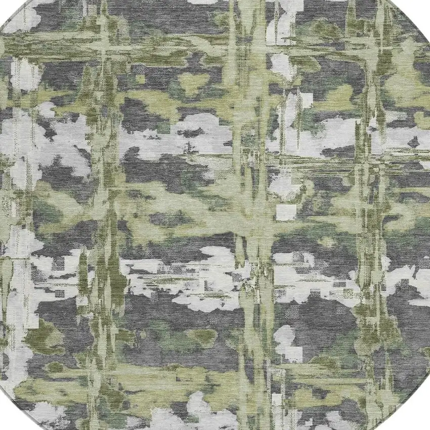 8' Green And Gray Round Abstract Washable Indoor Outdoor Area Rug Photo 2