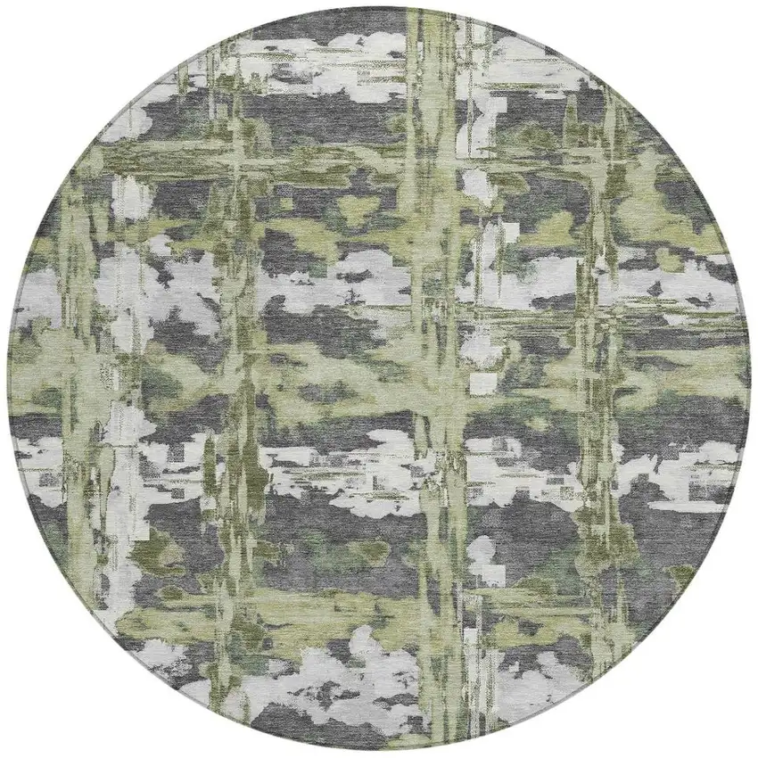 8' Green And Gray Round Abstract Washable Indoor Outdoor Area Rug Photo 3