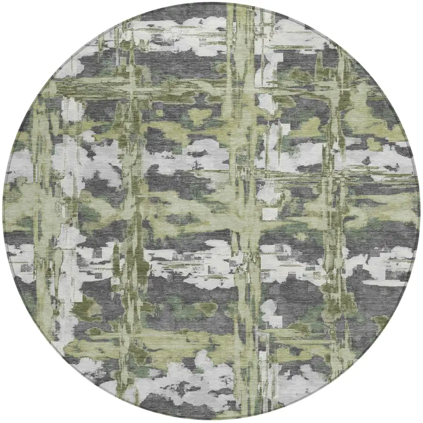 8' Green And Gray Round Abstract Washable Indoor Outdoor Area Rug Photo 1