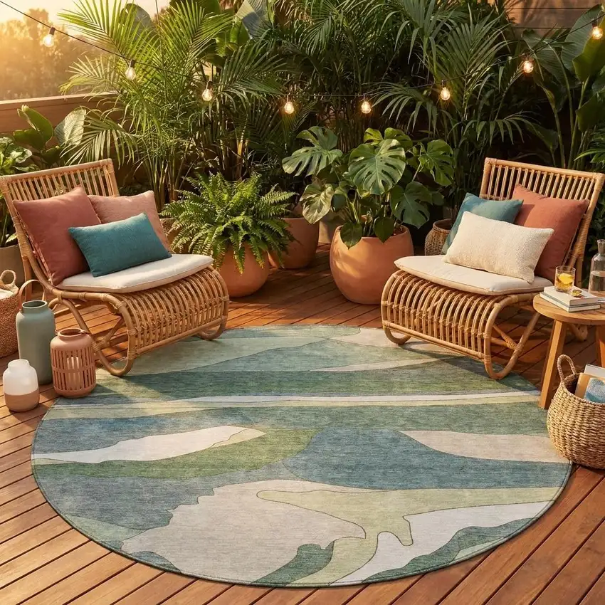 8' Green And Gray Round Abstract Washable Indoor Outdoor Area Rug Photo 1