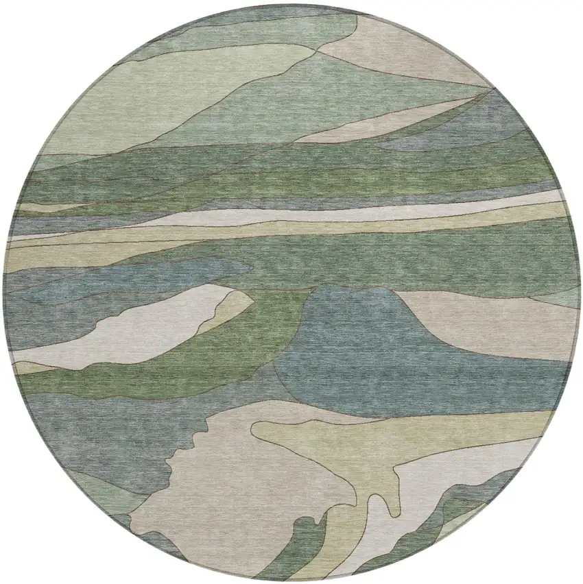 8' Green And Gray Round Abstract Washable Indoor Outdoor Area Rug Photo 2
