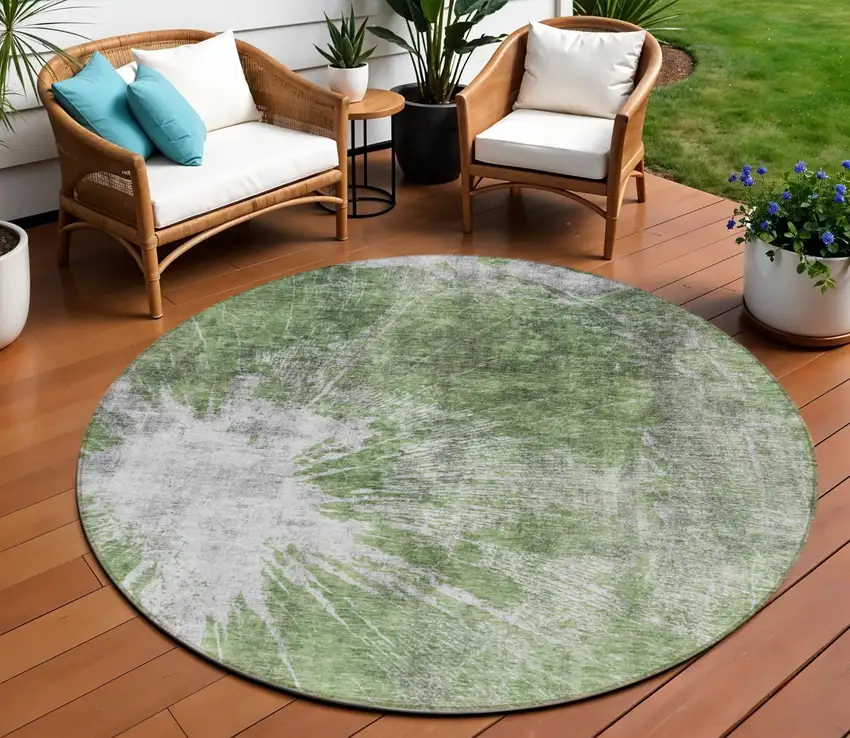 8' Green And Gray Round Abstract Washable Indoor Outdoor Area Rug Photo 1