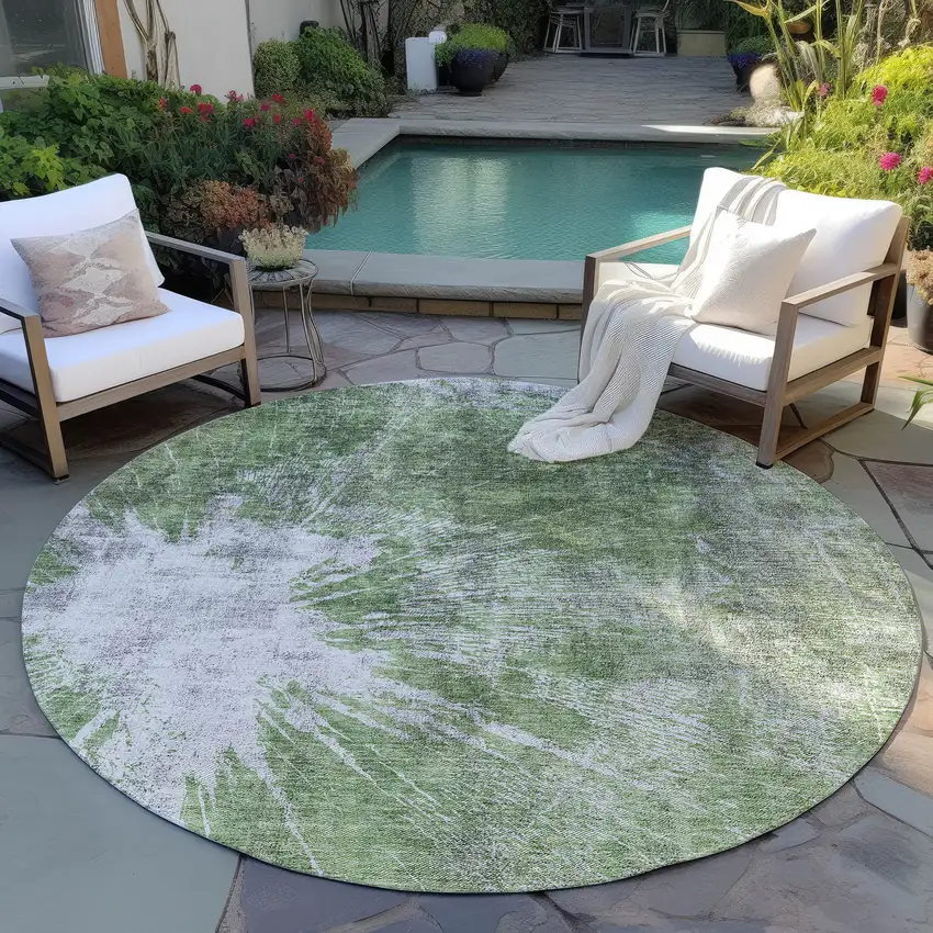8' Green And Gray Round Abstract Washable Indoor Outdoor Area Rug Photo 6