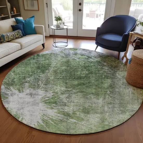 8' Green And Gray Round Abstract Washable Indoor Outdoor Area Rug Photo 7