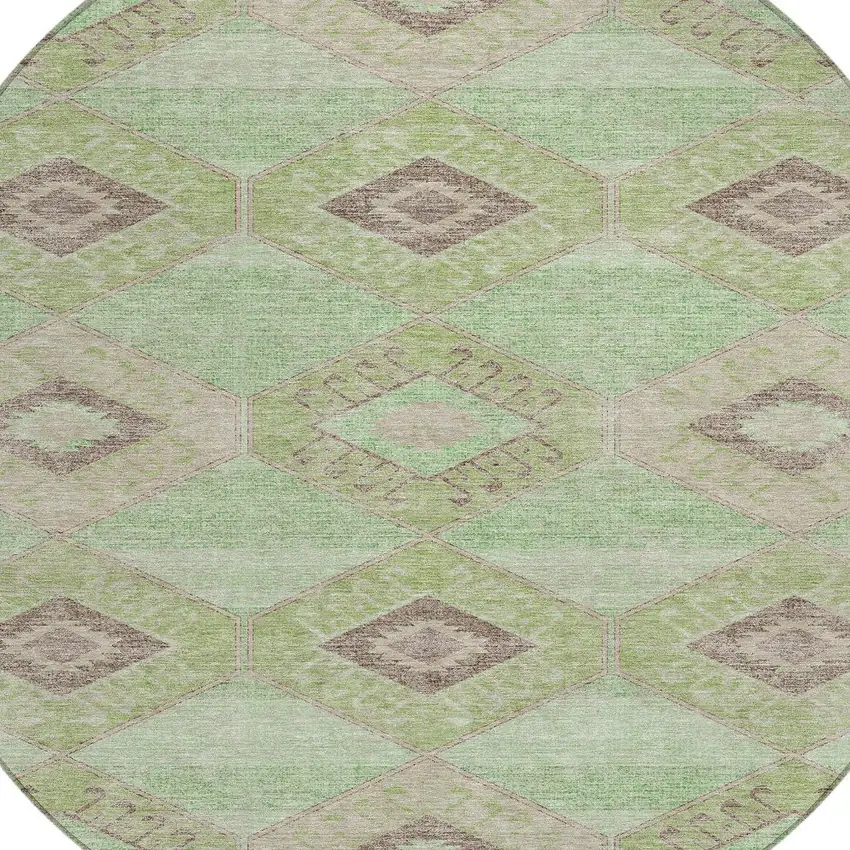 8' Green And Gray Round Aztec Washable Indoor Outdoor Area Rug Photo 9