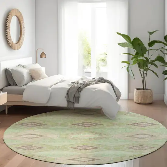 8' Green And Gray Round Aztec Washable Indoor Outdoor Area Rug Photo 7
