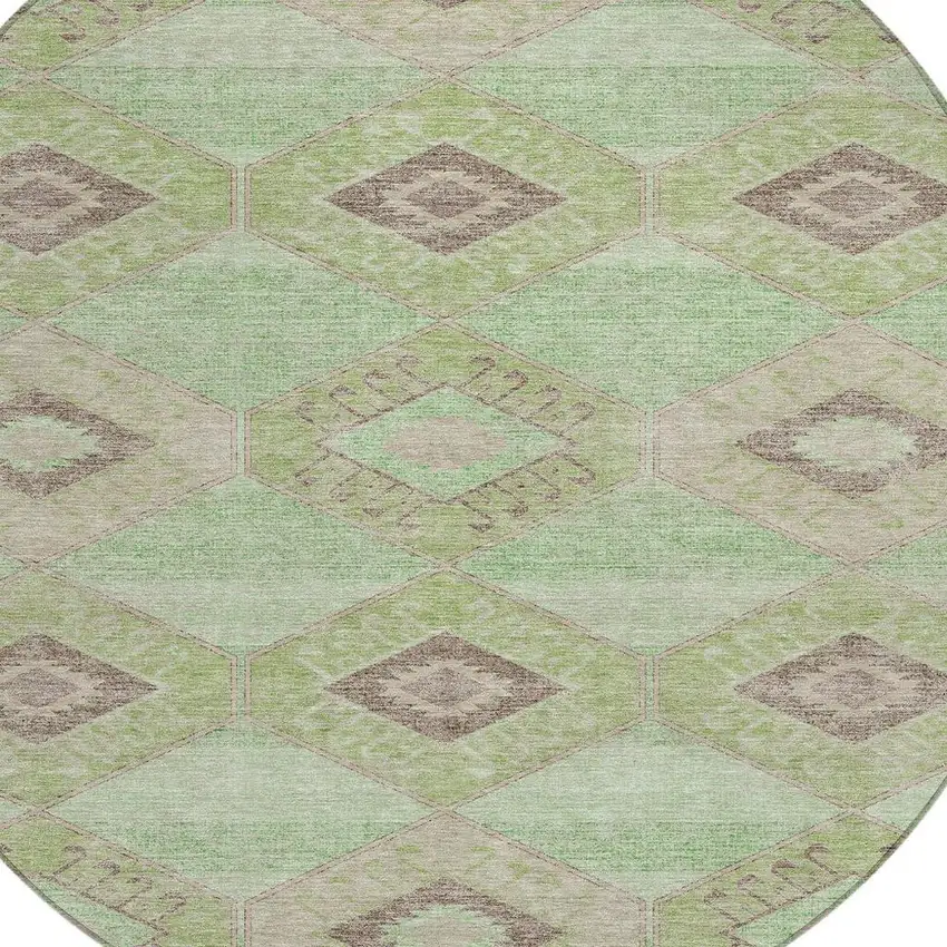8' Green And Gray Round Aztec Washable Indoor Outdoor Area Rug Photo 4