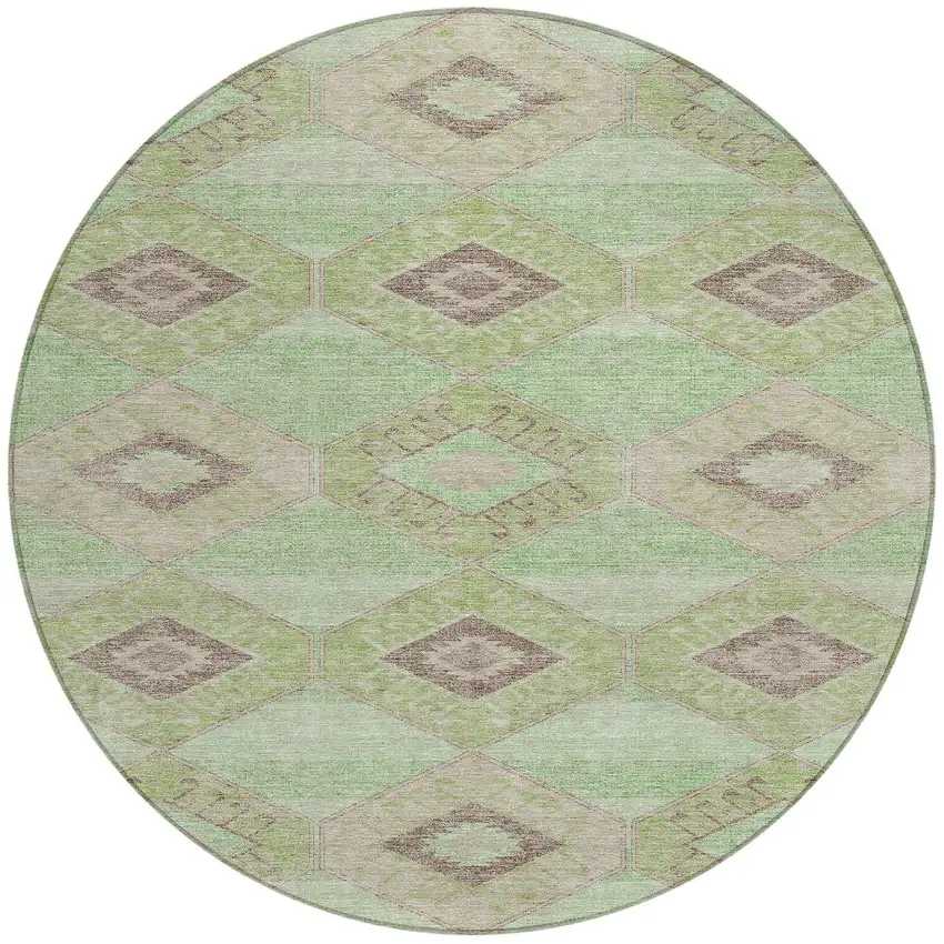 8' Green And Gray Round Aztec Washable Indoor Outdoor Area Rug Photo 3