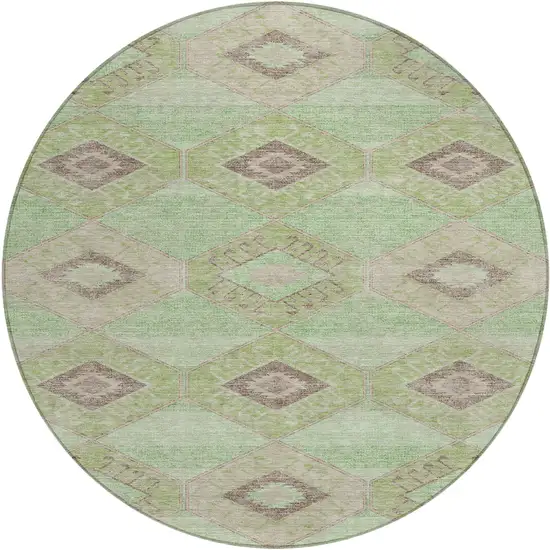 8' Green And Gray Round Aztec Washable Indoor Outdoor Area Rug Photo 1