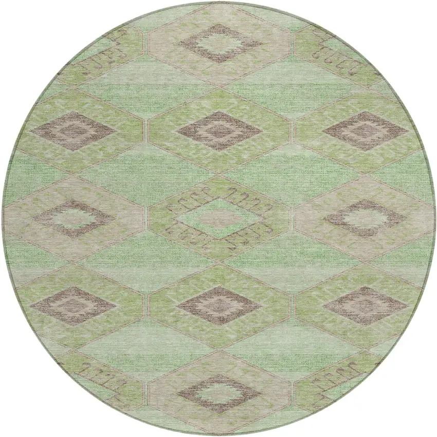 8' Green And Gray Round Aztec Washable Indoor Outdoor Area Rug Photo 1