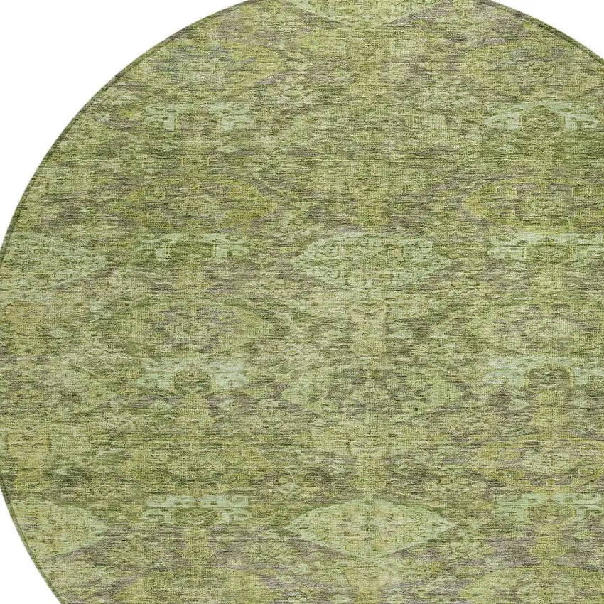 8' Green And Gray Round Damask Washable Indoor Outdoor Area Rug Photo 5