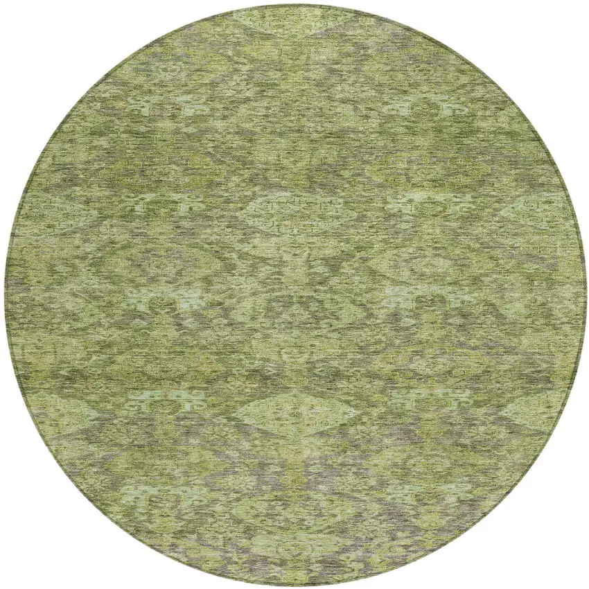 8' Green And Gray Round Damask Washable Indoor Outdoor Area Rug Photo 2