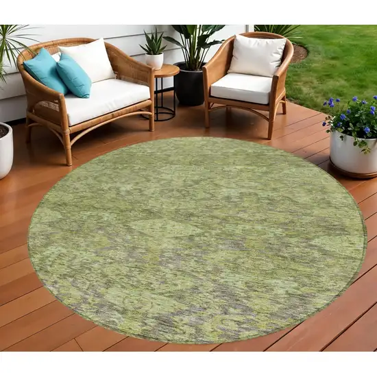 8' Green And Gray Round Damask Washable Indoor Outdoor Area Rug Photo 1