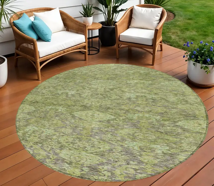 8' Green And Gray Round Damask Washable Indoor Outdoor Area Rug Photo 1