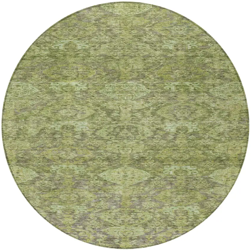 8' Green And Gray Round Damask Washable Indoor Outdoor Area Rug Photo 6