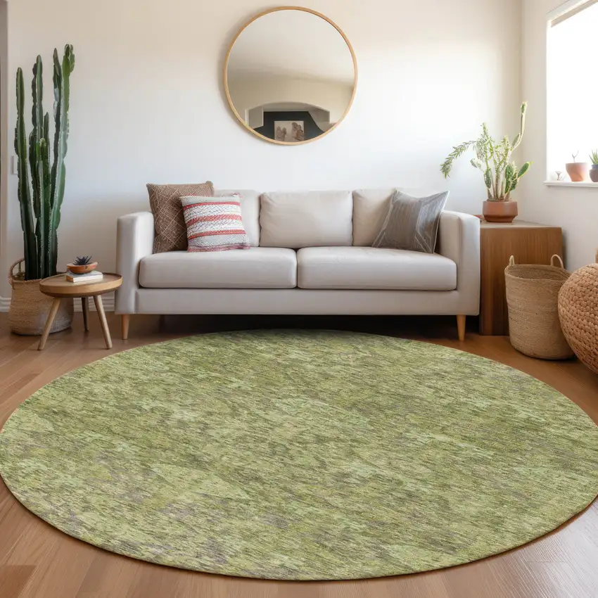 8' Green And Gray Round Damask Washable Indoor Outdoor Area Rug Photo 8