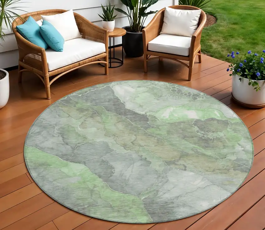 8' Green And Gray Round Floral Washable Indoor Outdoor Area Rug Photo 2