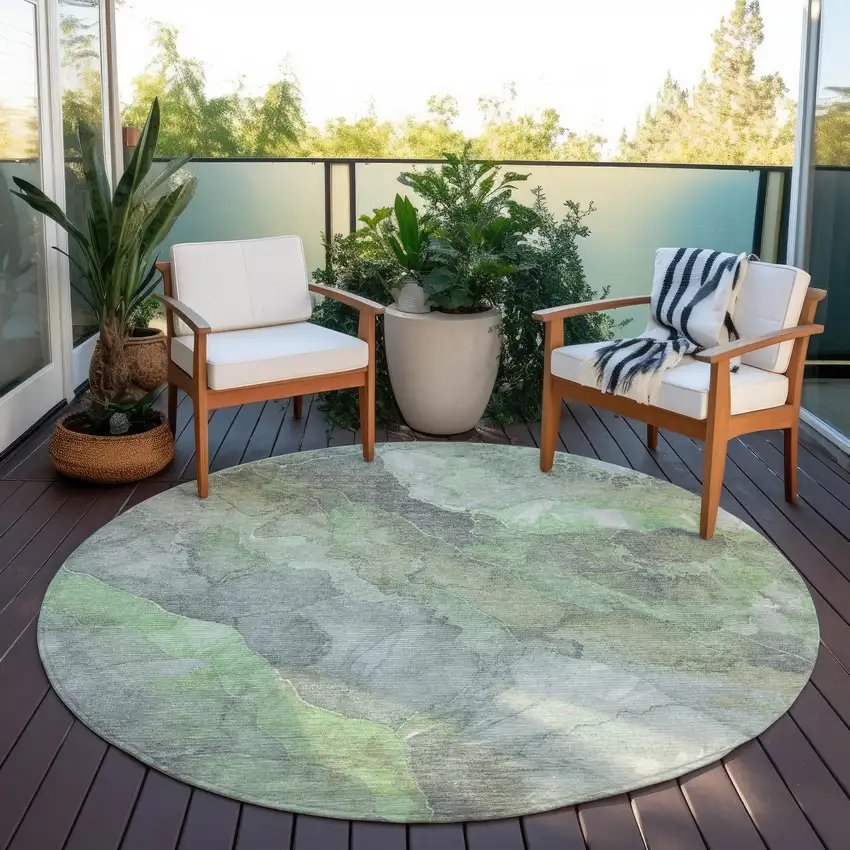 8' Green And Gray Round Floral Washable Indoor Outdoor Area Rug Photo 5