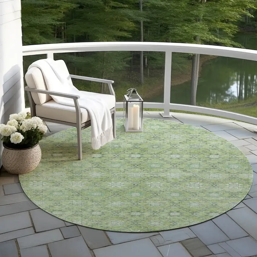8' Green And Gray Round Floral Washable Indoor Outdoor Area Rug Photo 5