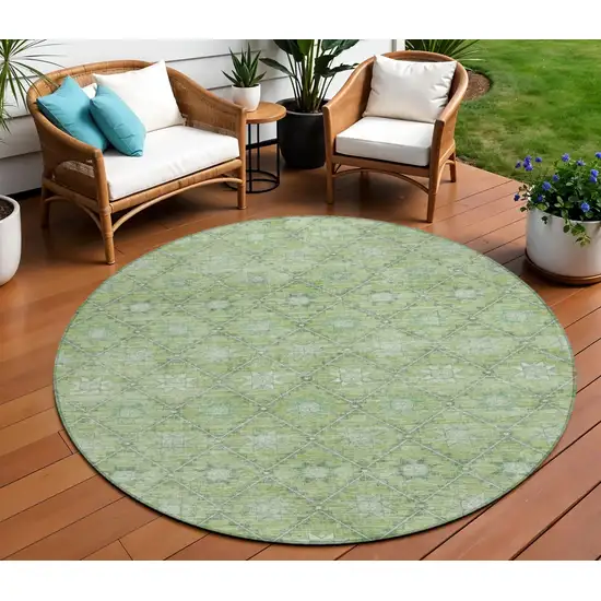 8' Green And Gray Round Floral Washable Indoor Outdoor Area Rug Photo 2