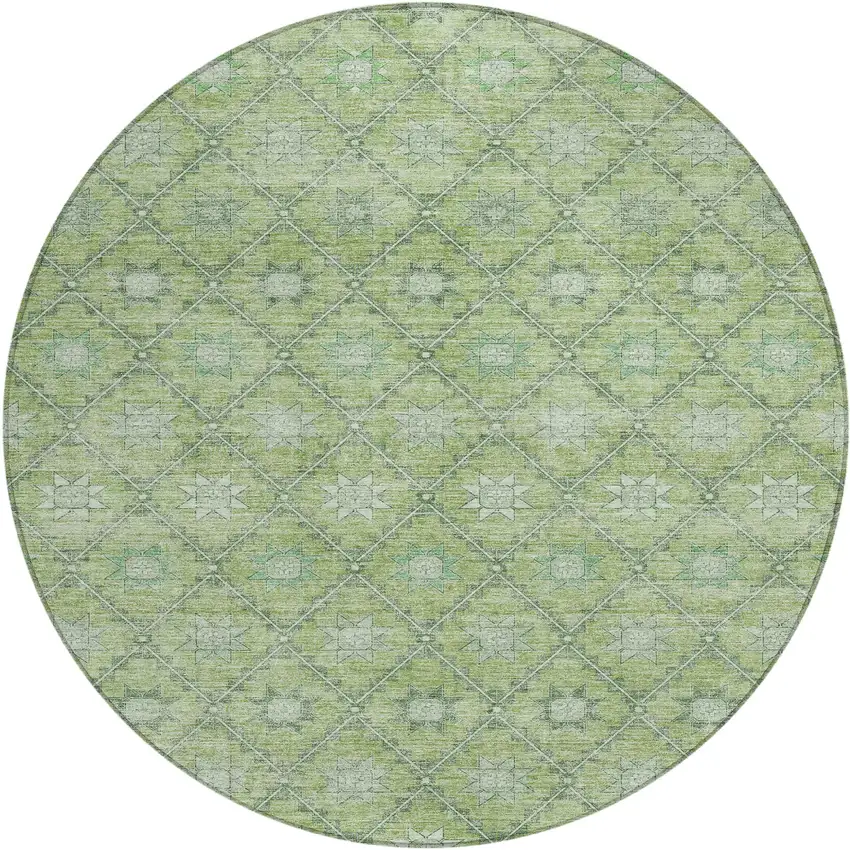 8' Green And Gray Round Floral Washable Indoor Outdoor Area Rug Photo 1