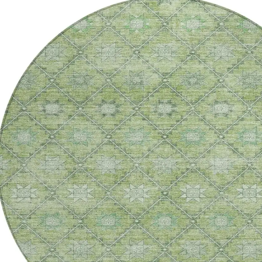 8' Green And Gray Round Floral Washable Indoor Outdoor Area Rug Photo 4