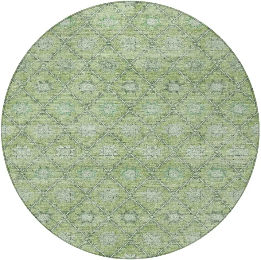 8' Green And Gray Round Floral Washable Indoor Outdoor Area Rug Photo 3