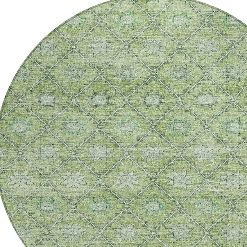 8' Green And Gray Round Floral Washable Indoor Outdoor Area Rug Photo 8