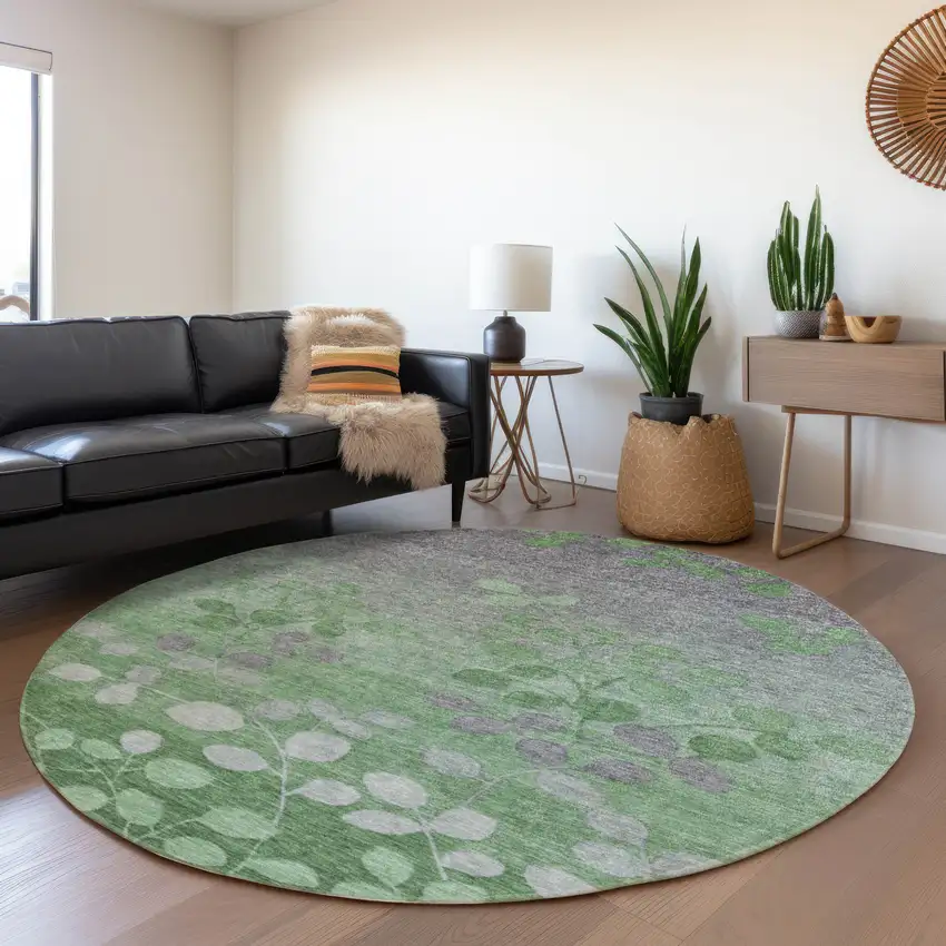 8' Green And Gray Round Floral Washable Indoor Outdoor Area Rug Photo 6