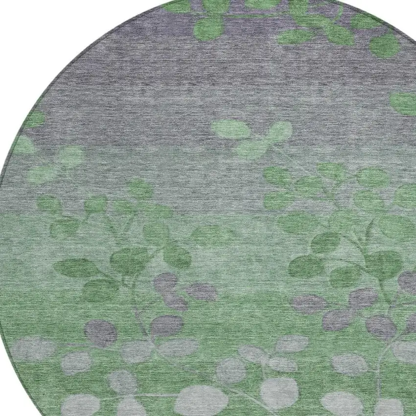 8' Green And Gray Round Floral Washable Indoor Outdoor Area Rug Photo 4