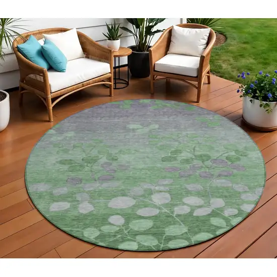 8' Green And Gray Round Floral Washable Indoor Outdoor Area Rug Photo 2