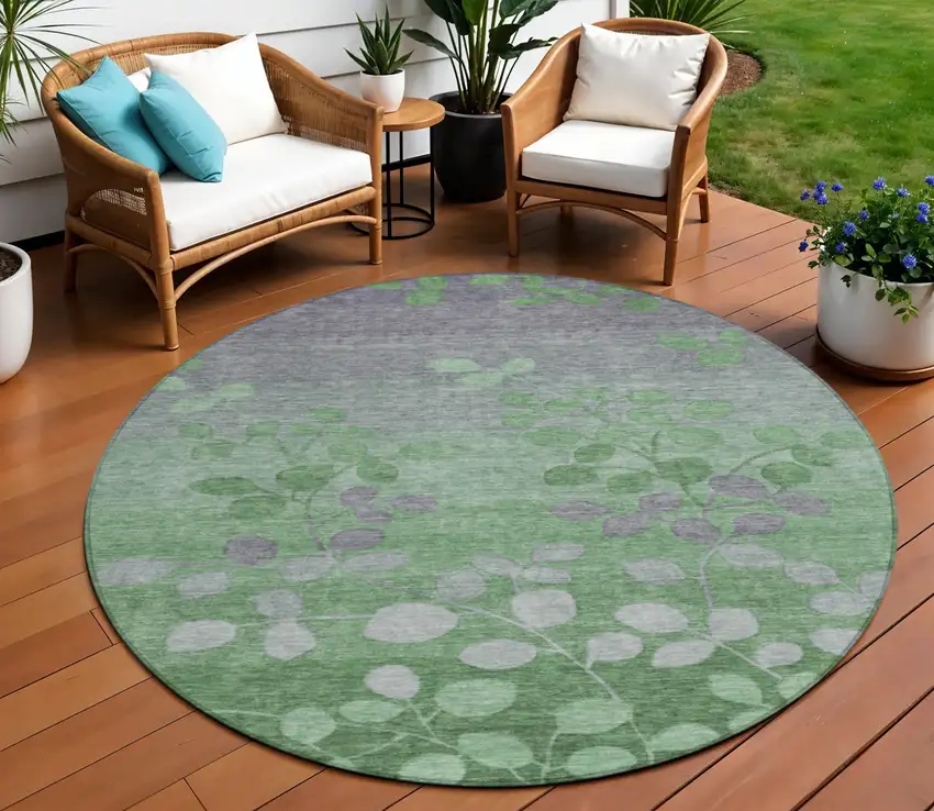 8' Green And Gray Round Floral Washable Indoor Outdoor Area Rug Photo 2