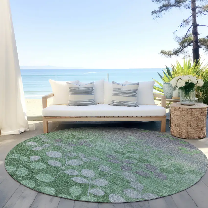 8' Green And Gray Round Floral Washable Indoor Outdoor Area Rug Photo 5