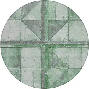 Photo of 8' Green And Gray Round Geometric Washable Indoor Outdoor Area Rug