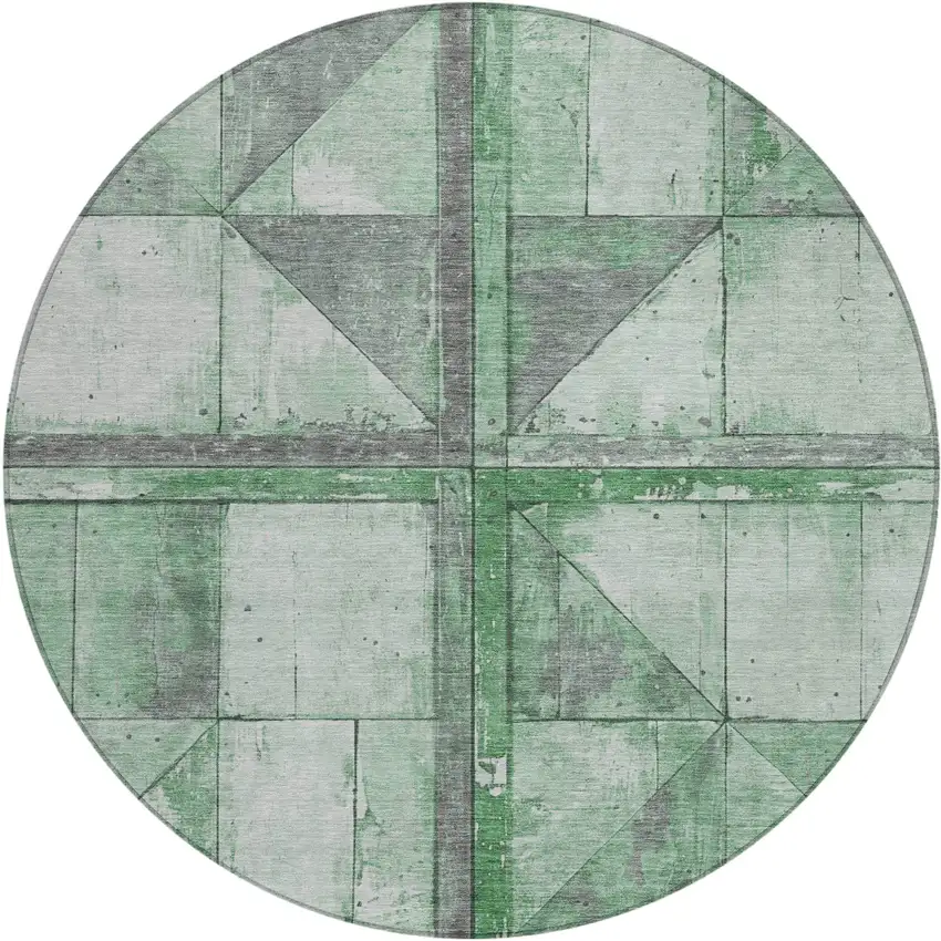 8' Green And Gray Round Geometric Washable Indoor Outdoor Area Rug Photo 1